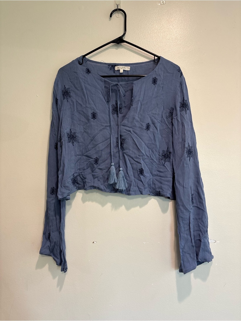Honey Belle crop top Large dark embroidered details boho bell sleeves